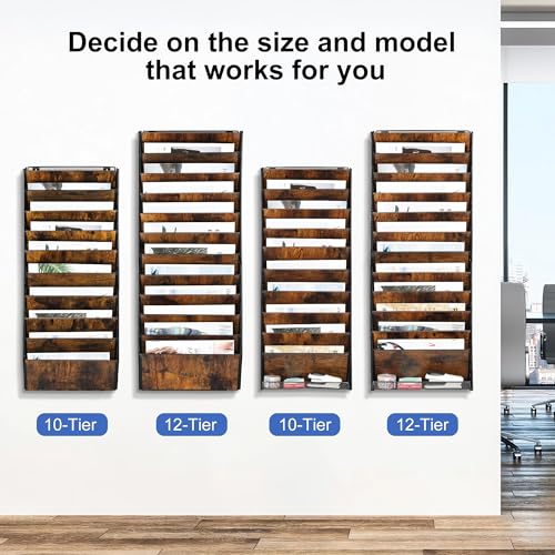 12-Tier Wall File Organizer, Wood Mail Organizer Wall Mounted Paper Document Magazine Holder, Hanging Clipboard Storage Basket with Tray for Office Home School Organization, Black/Antique