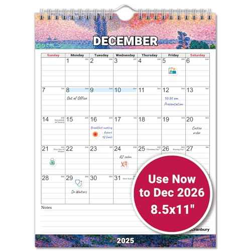 CRANBURY Small Wall Calendar 2026, Use Nov 2025 to Dec 2026, Hang on Wall, or Lay Flat as 8.5 x 11 Desk Calendar, Monthly Artwork Designs, Includes Planner Stickers