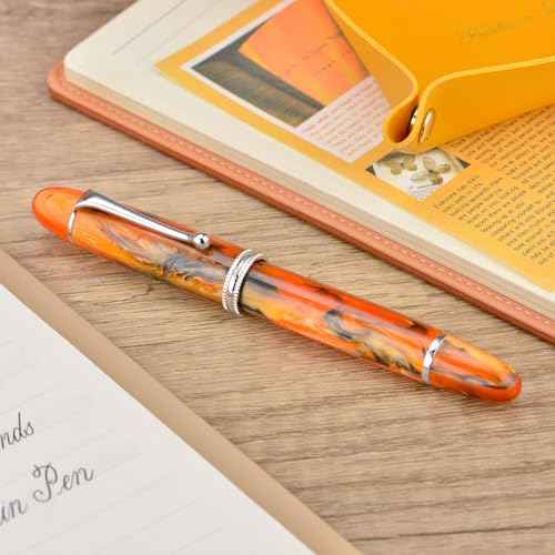 Asvine V800 Fountain Pen -Vacuum Filling System with Large Ink Capacity-Number 8 Stub Nib 1.1mm Calligraphy Art Drawing with Wrench - Amber Acrylic