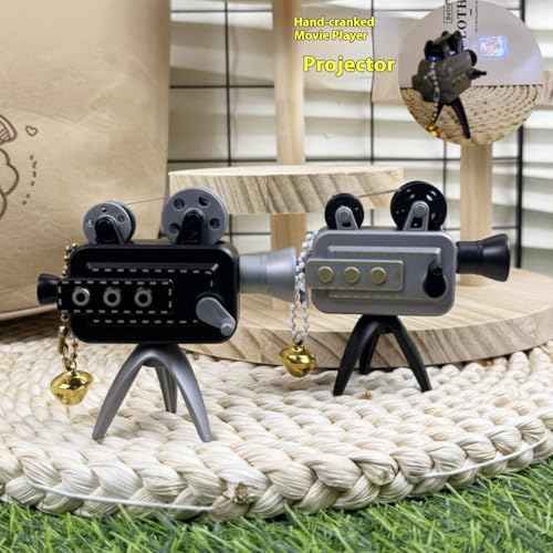 Miniature Retro Film Projector Model with Tripod, Resin Craft Vintage Style Movie, Collectible Mini Film Props with Bell for Home Desktop Display (Black+gray)