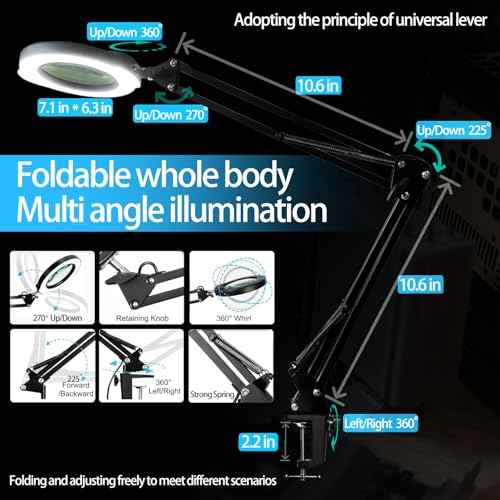 Magnifying Glasses Used by The Elderly,10X Large Magnifying Glass with Base and Clamp,Portable Folding Mechanical Knob,2025 Upgrade Infinite Color Magnifying Lamp & Clamp,for Close Work