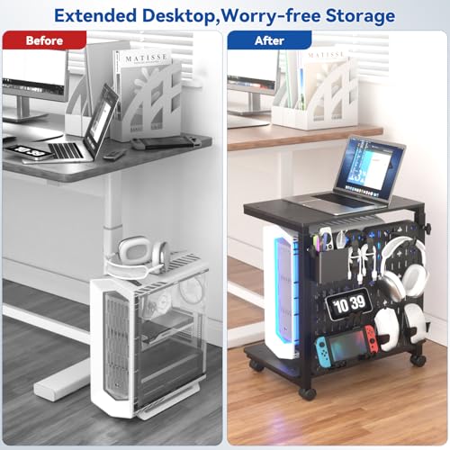 KONDOUND Height-Adjustable 2-Tier Computer Tower Stand with Locking Wheels