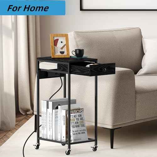 2 Tier Computer Tower Stand with Drawer, CPU Holder Stand with Charge Station and USB Charging Port, Printer Cart with Wheels for Home Office Fax, Black