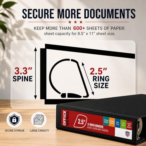 2.5 Inch Black 3-Ring Binder with Clear View & Inside Pockets - Professional Organization
