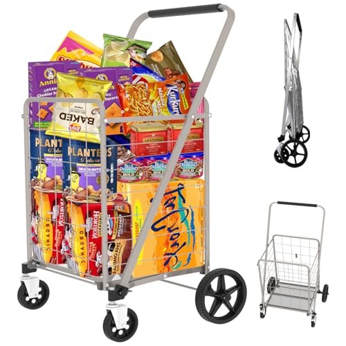 Shopping Cart for Groceries, Grocery Cart on Wheels with Encrypted Bottom & Waterproof Bag, Heavy Duty Rolling Trolley for Shopping Laundry Book Luggage, Hold Up to 300 LBS