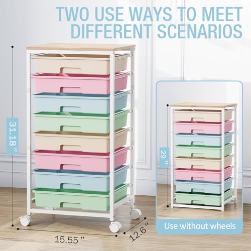 TOOLF Rainbow 8-Drawer Rolling Storage Cart with wooden top — classroom, office & home organization