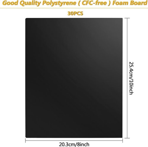 Black Foam Boards 30 Pack - 8x10 Inch, 3/16 Inch Thick Polystyrene Sheets for Art Projects