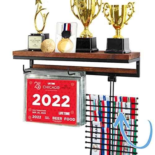 Medal Display Hanger Marathon Race Bibs Display Holder, Wall Mounted Trophy Shelf Rack and Hooks for Running, Sports, Gymnastics Awards 50 Bib Flip Pouches- MK817A
