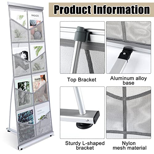 Portable Mesh Literature Holder with 8 Pockets - Floor Stand for Brochures & Magazines, Gray