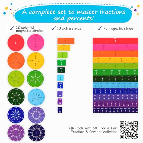 166 PCS Simply Magic Magnetic Fraction Tiles & Fraction Circles with Percentages - Fraction & Percent Strips & Bars, Fraction Manipulatives Class Set, Teaching Learning Fractions, Math Manipulatives