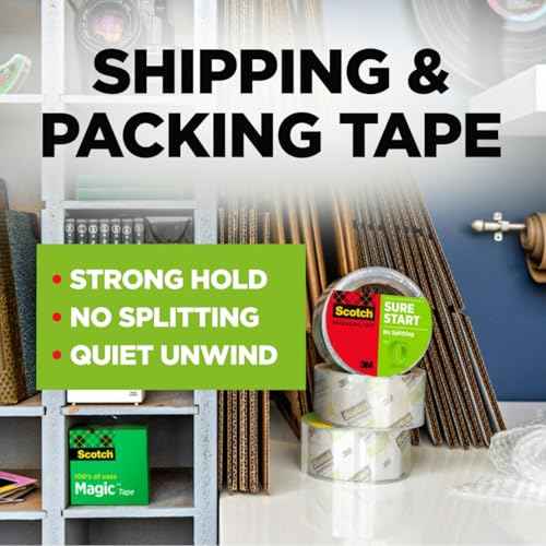 Scotch Sure Start Shipping Packaging Tape, 1.88" x 54.6 yd, Designed for Packing, Shipping and Mailing, Quiet Unwind, No Splitting or Tearing, 3" Core, Clear, 1 Roll (345)