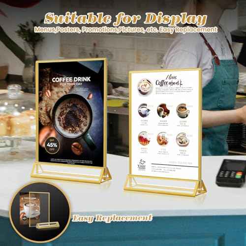 Gold Acrylic Sign Holder 4x6, 16 Pack Wedding Gold Frame Table Number Holders Vertical, Clear Picture Frames Flyer Stands Tables Menu Holder, Double Photo Paper Display Holder for Party, Home, Office