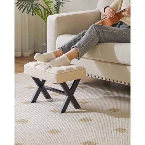 IBUYKE Small 12" H Footrest Stool, Square Linen Foot Stool with Metal X-Leg, Multi-Use as Small Side Table, Step Stool for Living Room, Bedroom, Entryway, Office, Linen WBD011Y
