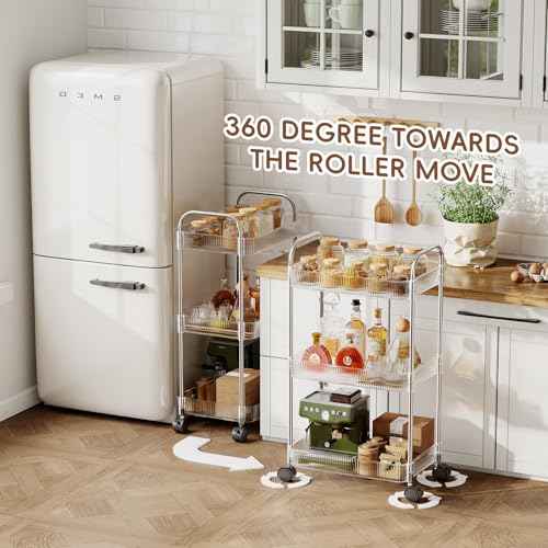 3 Tier Rolling Cart with Wheels, Utility Trolley with Handle, Clear Acrylic Movable Storage Organizer for Kitchen, Bathroom, Nursery, Laundry, Book, Snack, Craft