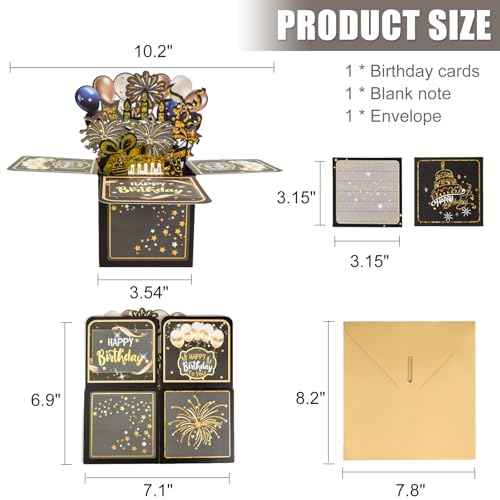 Surprise Pop Up Happy Birthday Cards, Lovely 3D Birthday Card for Adults and Kids with Envelopes, Unique Design Handmade Foldable Greeting Cards for Daughter, Son, Mom, Dad, Friend£¨Black£©