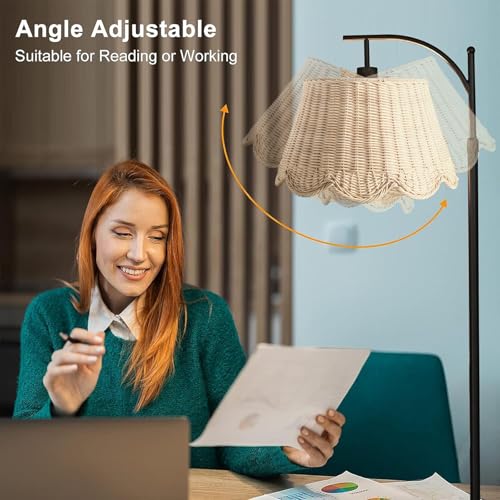 Arc Floor Lamp for Living Room£¬Rattan Boho Floor Lamp with Hand-Woven Wicker Shade, Foot Switch, Gold/Silvery Metal Base & Pole,Standing Lamp for Bedroom (Gold)