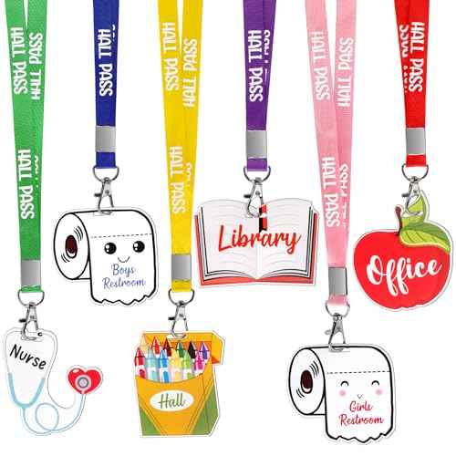 6 Pcs Acrylic Hall Pass Lanyards Unbreakable School Passes Set for Cute Classrooms Hall Restroom Library Office and Nurse School Students Teacher Supplies