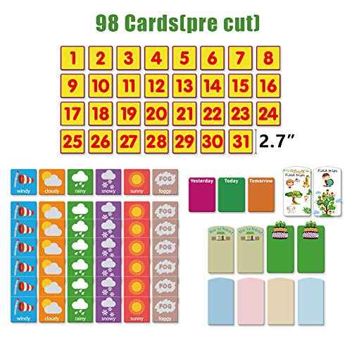 Weekly Calendar with Weather Pocket Chart Elementary for Classroom Home,98 Bright Cards Included,Learning Pocket Chart Calendar for Kids Toddlers