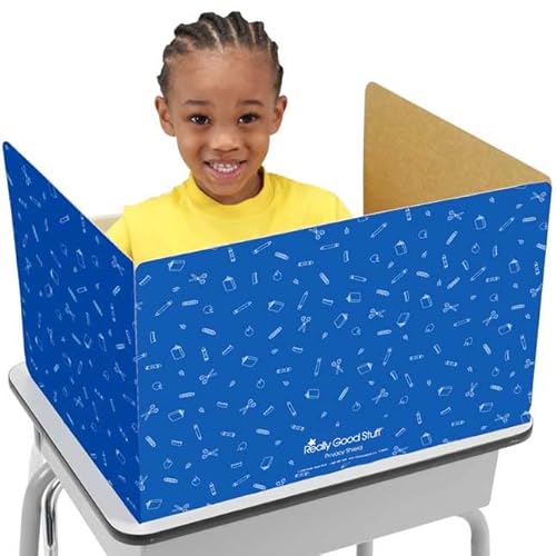 Really Good Stuff Large Privacy Shields for Student Desks ? Set of 12 - Matte - Study Carrel Reduces Distractions - Keep Eyes from Wandering During Tests, Green with School Supplies Pattern
