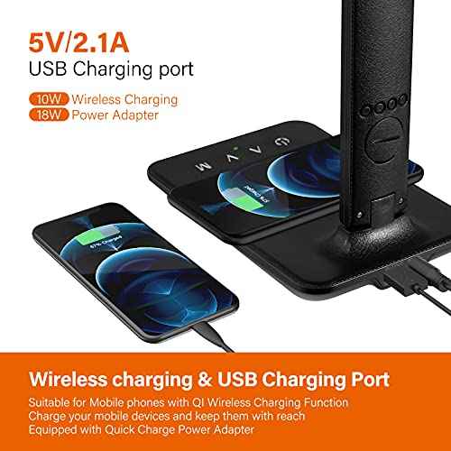 poukaran LED Desk Lamp with Wireless Charger, USB Charging Port, Table Lamp with Clock, Alarm, Date, Temperature, Desk Lamps for Home Office,Black