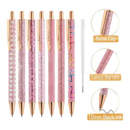 Mr. Pen- Fancy Pens for Women, Pink Paradise, 7 Black Ink Ballpoint Pens with 10 Refills, 1.0mm, Cute Pens for Journaling