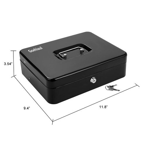 Cash Box with Lock Key and Money Tray - Large Money Box for Cash Register, Metal Lock Box for Money Safe 11.8" x 9.4" x 3.54" Black
