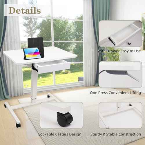 CLATINA Mobile Laptop Standing Desk, Height Adjustable Teacher Podium with Lockable Wheels, Adjustable Work Table with Drawer, Computer Cart Overbed Table for Home Office Classroom, White