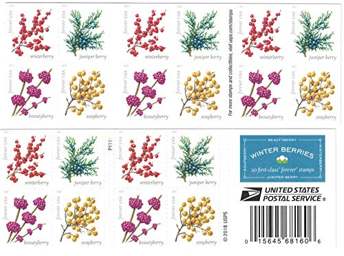 Winter Berries 20 Forever First Class US Postage Stamps - Botanical Design