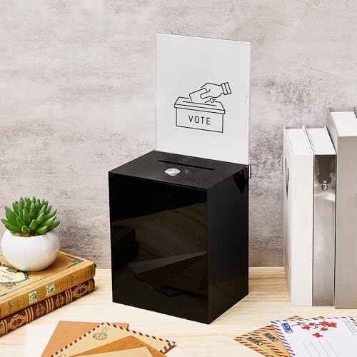 Acrylic Suggestion Box Large Donation Box 16 x 6.7 x 5 Inch Safe Ballot with Lock and Sign Holder for Voting Charity Business Cards Collection Display Ticket Comment(Black)
