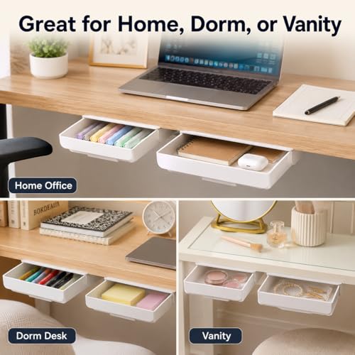 YOOUSOO White Under Desk Drawer Organizer 2 Pack - Small & Large Self-Adhesive Storage Drawers for Office & Home
