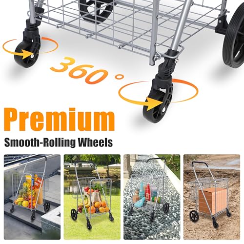 Whitmor Utility Folding Shopping Cart, 115L Heavy Duty Grocery Cart with Double Basket, 360¡Æ Swivel Wheels, Foldable Rolling Utility Trolley, 110 Lbs Capacity for Grocery, Laundry, Travel, Sliver