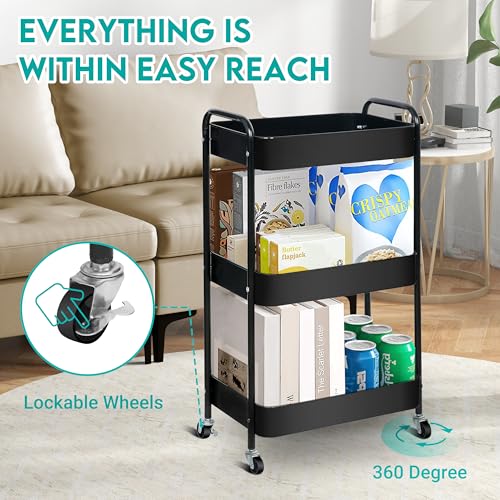 Zoes Homeware 3-Tier Metal Rolling Cart on Wheels, Black Utility Cart