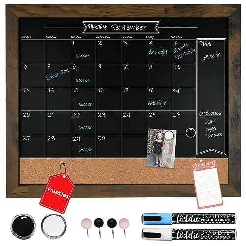 Loddie Doddie Chalk Board Calendar for Wall & Bulletin Combo - 18 x 24-Inch Rustic Frame - Writable Chalk Calendar Surface, Magnets & Push Pins - Menu Board for Kitchen