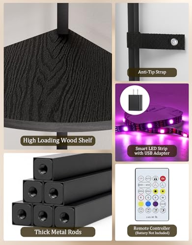 Black Corner Shelf with LED Light, 5-Tier Floor Lamp & Display Rack, 62" Standing Bookcase for Living Room & Bedroom