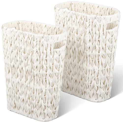 2 Pcs Wicker Trash Can 5 Gallon Waste Basket Bathroom Garbage Can White Narrow Waterproof Wicker Trash Basket for Bedroom Office Bathroom