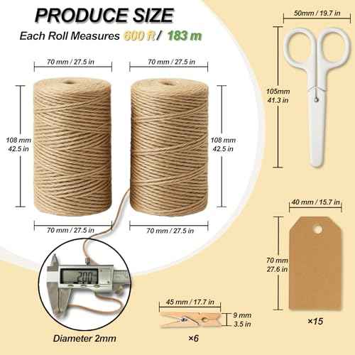 5 Pack Natural Twine String Suit : 2mm 1200 Feet Jute Twine Twisted from 3 Ply - String for Crafts Gardening Gift Wrapping Home Decor Knitting - Suitable for Handicraft and Gardening Enthusiasts