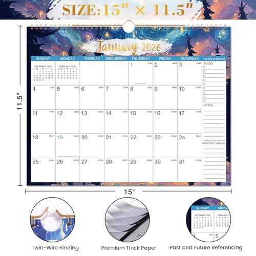 2026 Calendar - 2026 Wall Calendar, January 2026 - December 2026, 15" x 11.5", 12 Monthly Wall Calendars, Twin-Wire Binding + Hanging Hook + Thick Paper + Julian Dates - Starry Skies