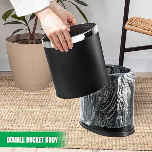 Invisi-Overlap' Metal Trash Can, Open Top Small Office Wastebasket, Oval Shape (Black)