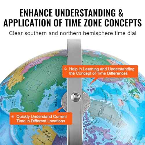 VEVOR Rotating World Globe with Stand, 13 in/330.2 mm, Educational Geographic Globe with Precise Time Zone ABS Material, 720¡Æ Spinning Globe for Kids Children Learning Classroom Geography Education