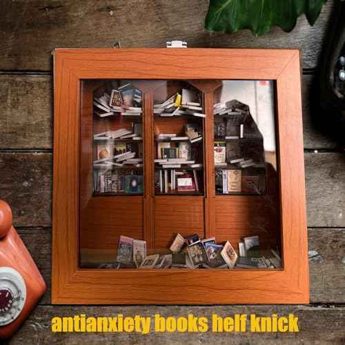 Mini Bookshelf Shake Anxiety Mini Bookshelf with 260pcs Mini Books Wooden Mini Shake Away Your Anxiety Bookshelf for Anxious, Medium