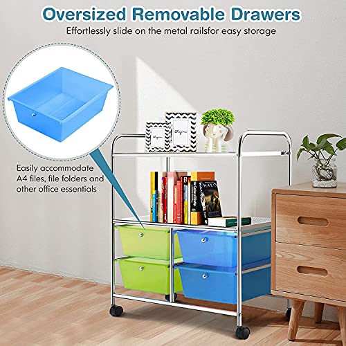Hysache Rolling Storage Cart, Utility Organizer Cart w/ 4 Drawer 2 Shelves Trolley, Metal Frame, Plastic Storage Drawers on Wheels for School Office Home, Multifunction Organizer (Green)