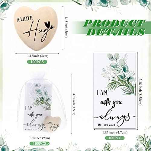 Bucherry 100 Sets Wooden Heart Pocket Hug Token with Bible Hug Card Organza Bag Bulk Student Gift Relationship Gift Love Pocket Reminder Keepsake Heart Charm for Family Friend Colleagues
