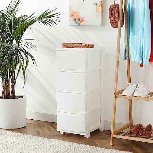 IRIS USA Plastic Drawer Storage Organizer, 4-Drawers, for Classroom Art Supplies Bathroom Dorm Bedroom Laundry Room, Slim Narrow, White Frame with Matte White Front Panels