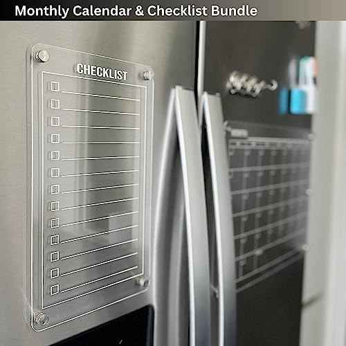 Magnetic Acrylic Calendar for Fridge Set - Magnetic Fridge Calendar Dry Erase Planner with Checklist Planning Board - Refrigerator Weekly Monthly Acrylic Whiteboard with Markers & Microfiber Cloth