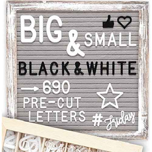 Little Hippo Grey Felt Letter Board Sign 10x10 Inch with 690+ PRE-Cut Letters - Rustic Wood Message Board with Letters and stand, Baby Announcement Sign, Back to School Felt Board