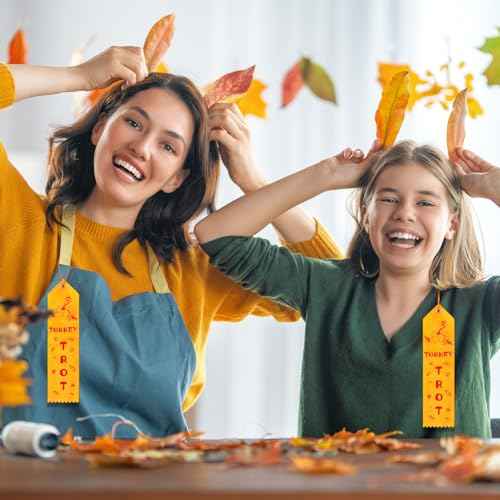 100 Pcs Thanksgiving Turkey Trot Award Ribbons Bulk 2 x 8 Inch Thanksgiving Turkey Medal Ribbons with Card and String Thanksgiving Turkey Race Prizes Ribbons for Tournament Party Family