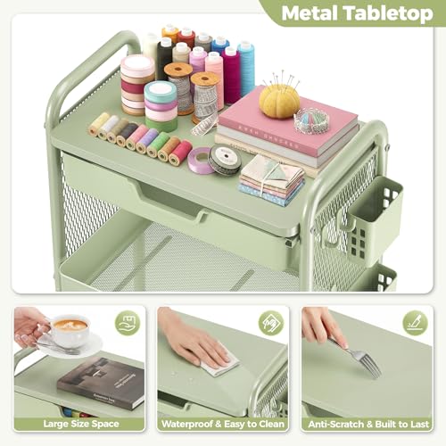 KINGBOARD 3 Tier Metal Rolling Cart with Drawer (Green) – Utility Storage Cart