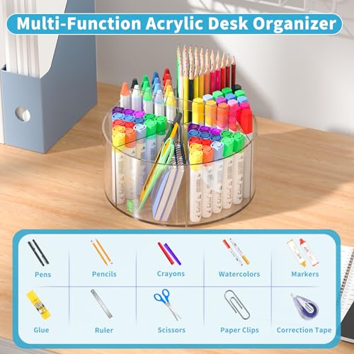 Large Clear Rotating Acrylic Desk Organizer with 6 Compartments - Wawocs