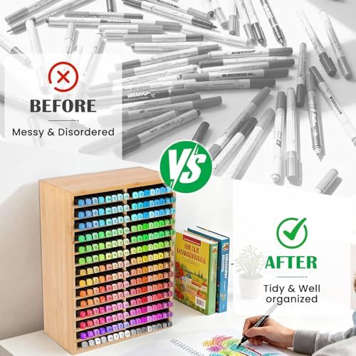 Bamboo Marker Organizer for 252 Markers, Large Wood Alcohol Marker Storage Rack Pencil Holder for Kids Classroom Desk