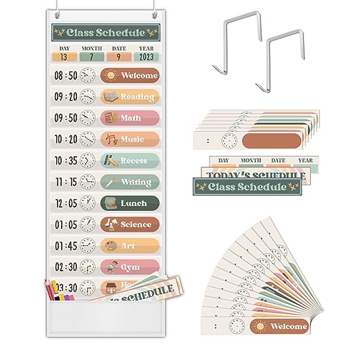 Godery Boho White Daily Schedule Pocket Chart for Classroom with 24 Cards - Back to School Decor